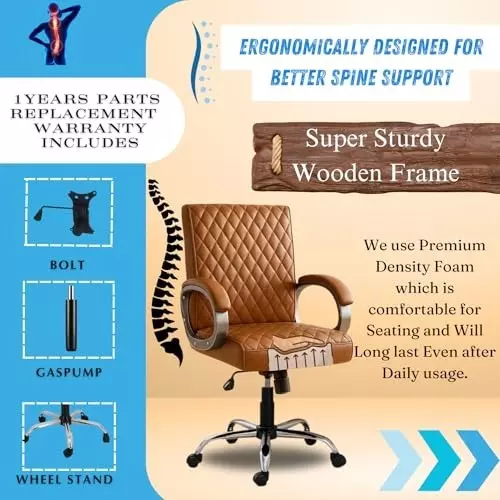 NEWTURN Beta Revolving Mid Back Arm Rest Office Chair 360° Swivel Metal Base Premium Leatherette Tan for Office, Home & School Use