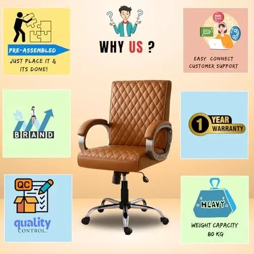 NEWTURN Beta Revolving Mid Back Arm Rest Office Chair 360° Swivel Metal Base Premium Leatherette Tan for Office, Home & School Use