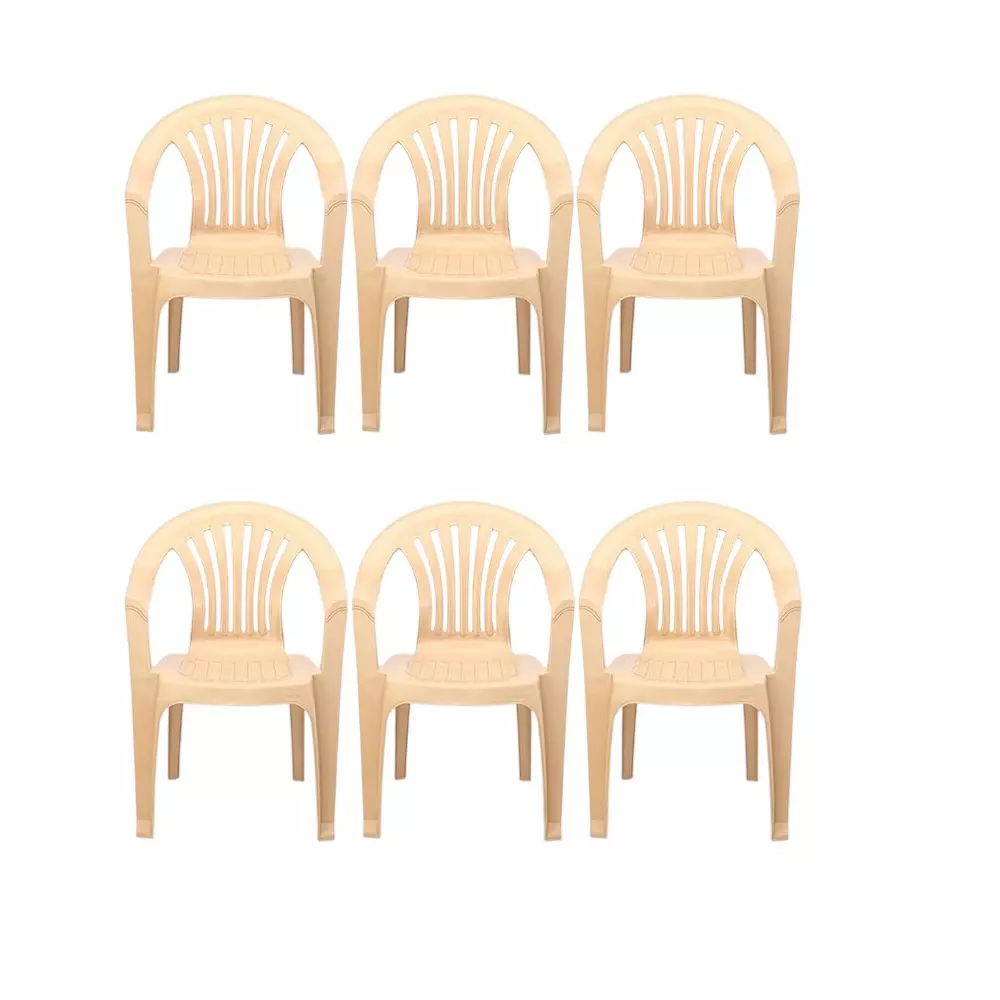 Maharaja Chetak 100% Virgin Plastic Chairs Upto 200 Kg Weight Capacity with Arm Rest, Beige (Pack of 6 Pcs)