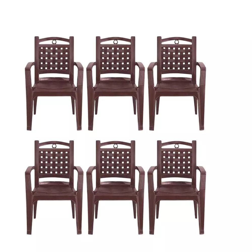 Maharaja Sony Premium Plastic Chairs Comfortable Up to 200 Kg Weight Capacity with Arm Rest, Brown (Pack of 6 Pcs)