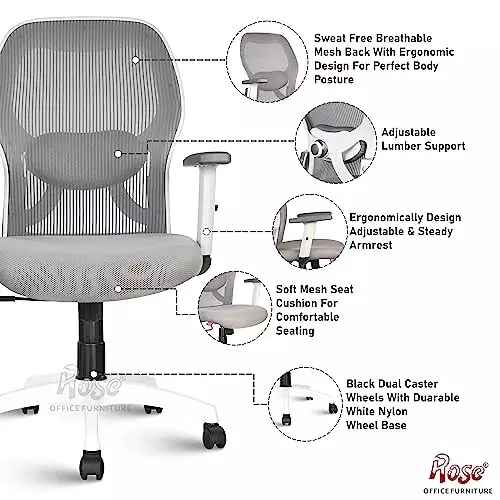 Rose Platinum Ergonomic Office Chair Mid Back White & Grey India
