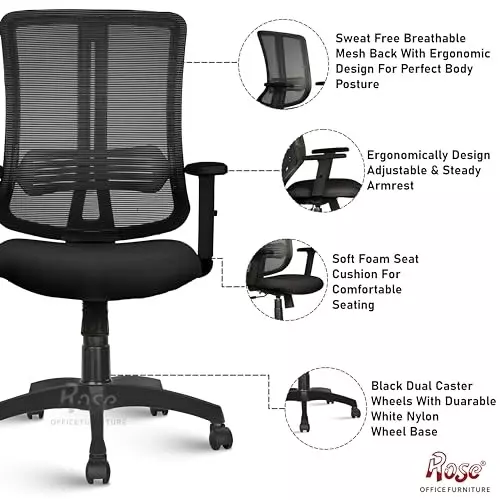 Rose Wave Ergonomic Office Chair Mid Back Black India