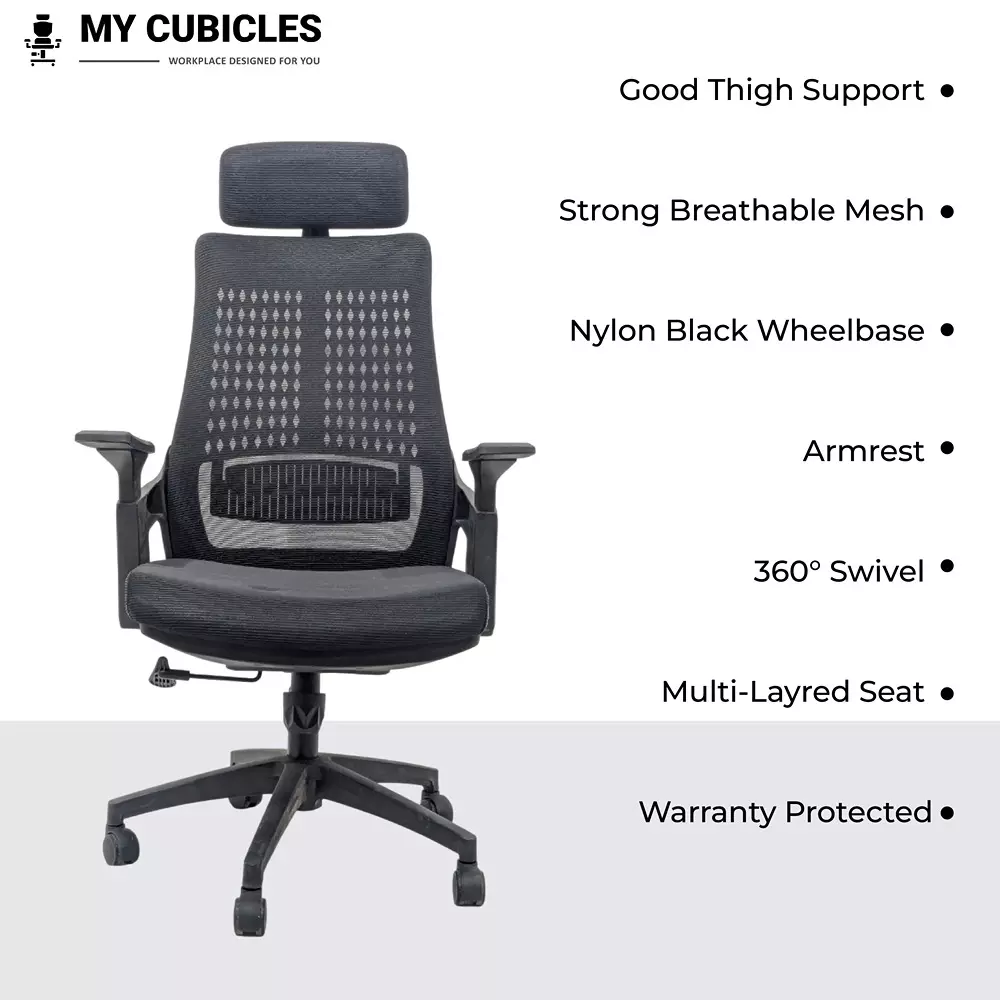 MY CUBICLES Nova Executive Office Chair High Back Polyurethane Foam Weight Capacity Upto 125 Kg Black, MC0011