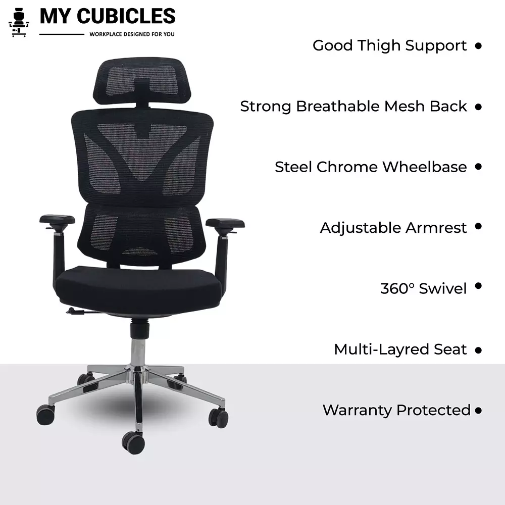 MY CUBICLES Ergo Gladiator Executive Office Chair High Back Polyurethane Foam Weight Capacity Upto 120 Kg Black, MC0077