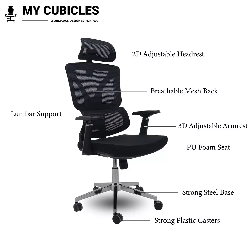MY CUBICLES Ergo Gladiator Executive Office Chair High Back Polyurethane Foam Weight Capacity Upto 120 Kg Black, MC0077