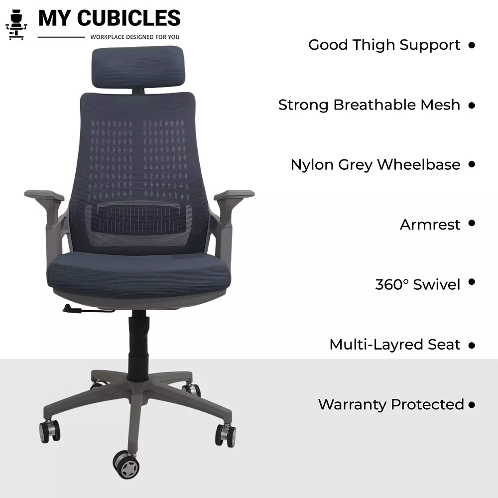 MY CUBICLES Nova Executive Office Chair High Back Polyurethane Foam Weight Capacity Upto 125 Kg Grey, MC0096