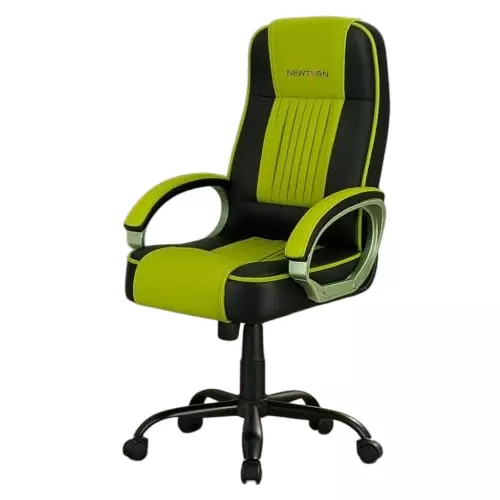 NEWTURN Paris Revolving High Back Arm Rest Office Chair Metal Base Premium Leatherette Black & Parrot Green for Office, Home & School Use