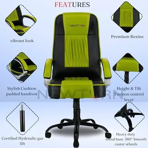 NEWTURN Paris Revolving High Back Arm Rest Office Chair Metal Base Premium Leatherette Black & Parrot Green for Office, Home & School Use