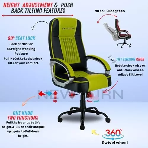 NEWTURN Paris Revolving High Back Arm Rest Office Chair Metal Base Premium Leatherette Black & Parrot Green for Office, Home & School Use