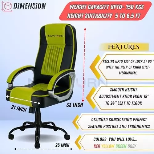 NEWTURN Paris Revolving High Back Arm Rest Office Chair Metal Base Premium Leatherette Black & Parrot Green for Office, Home & School Use