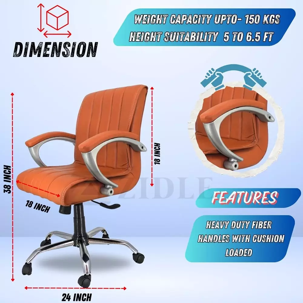 Zidle Study Revolving Swivel Chair with PP Fibre Armrest Faux Leatherette Solid Back Tan Brown Tilting Mechanism