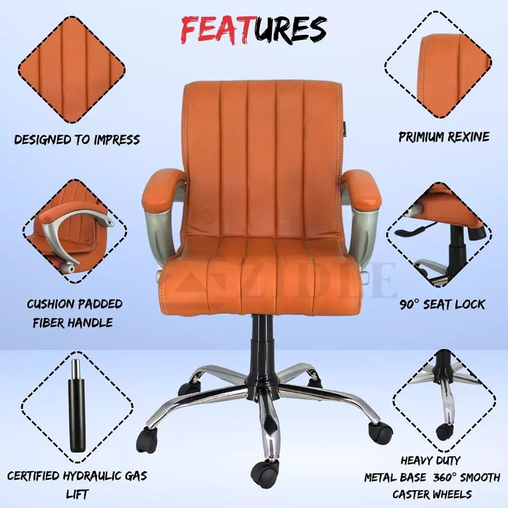 Zidle Study Revolving Swivel Chair with PP Fibre Armrest Faux Leatherette Solid Back Tan Brown Tilting Mechanism