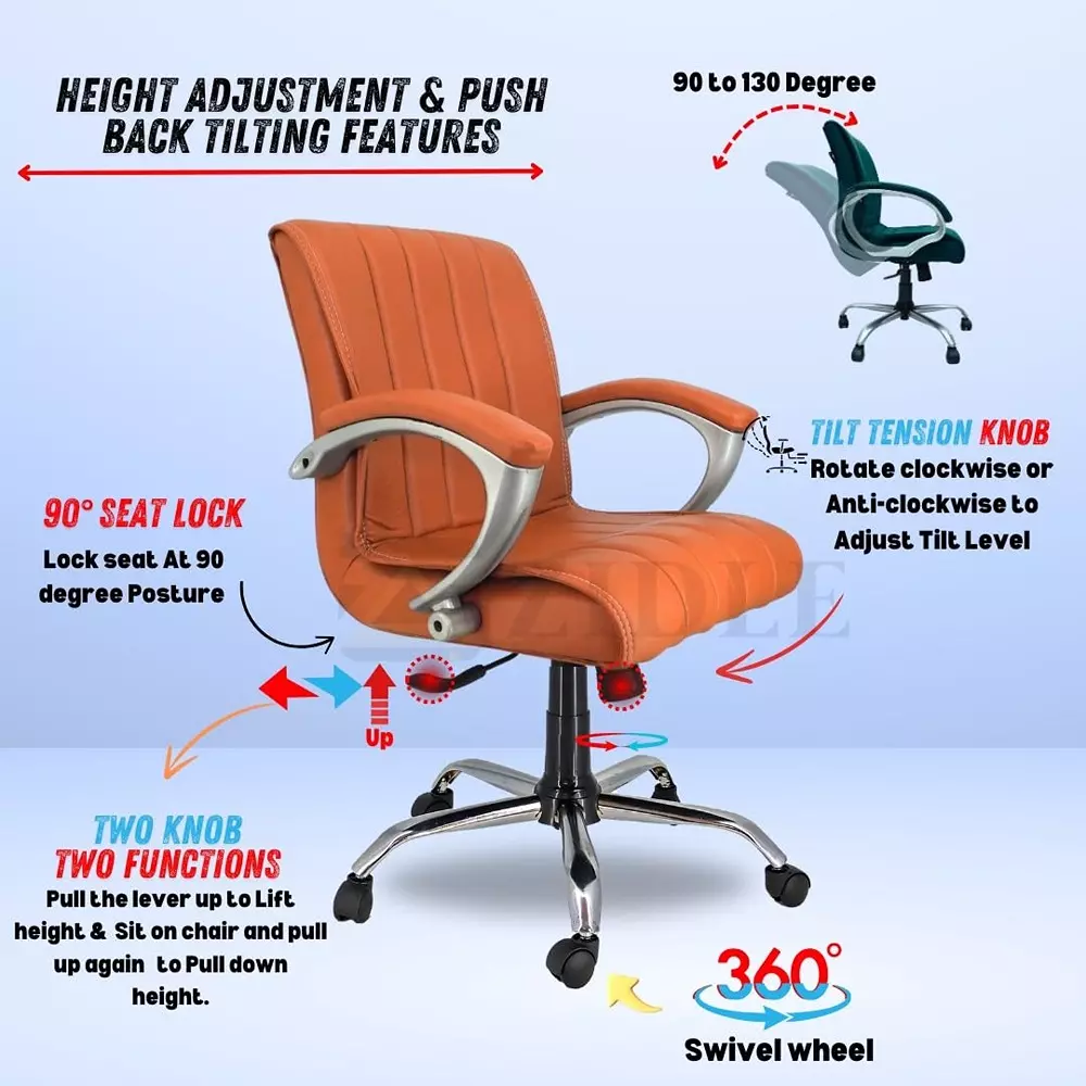 Zidle Study Revolving Swivel Chair with PP Fibre Armrest Faux Leatherette Solid Back Tan Brown Tilting Mechanism