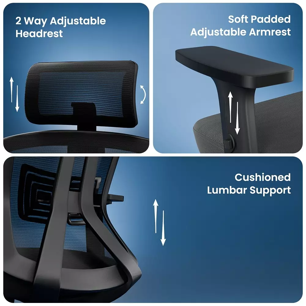 Vergo Office Chair Code HB High Back Black for WFH/Study/Computer Desk with Adjustable Armrests