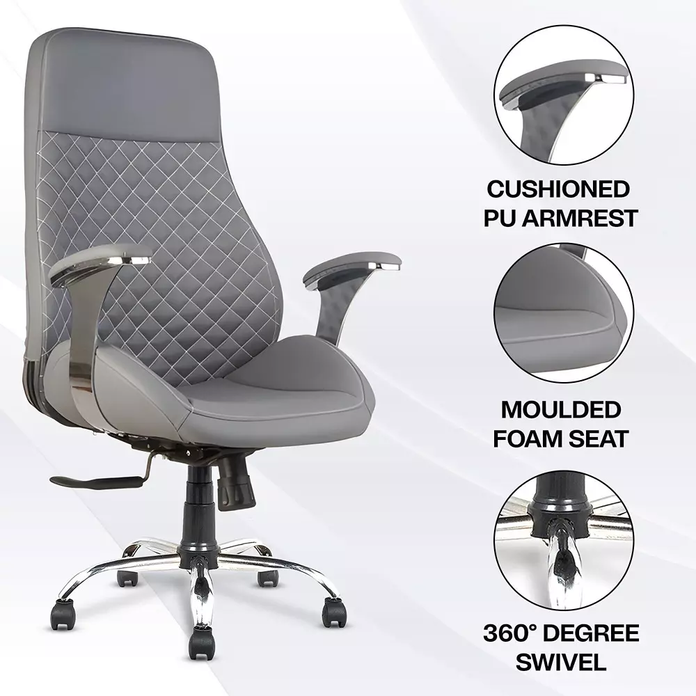 CHAIRTECH High Back Executive Office Chair with Steel Base Leatherette Grey for Office & Professional Use