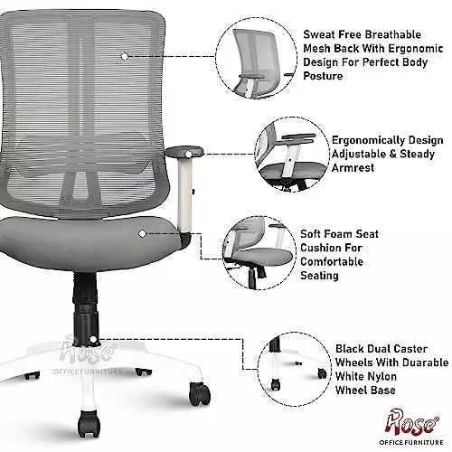 Rose Wave Ergonomic Office Chair Mid Back White & Grey India