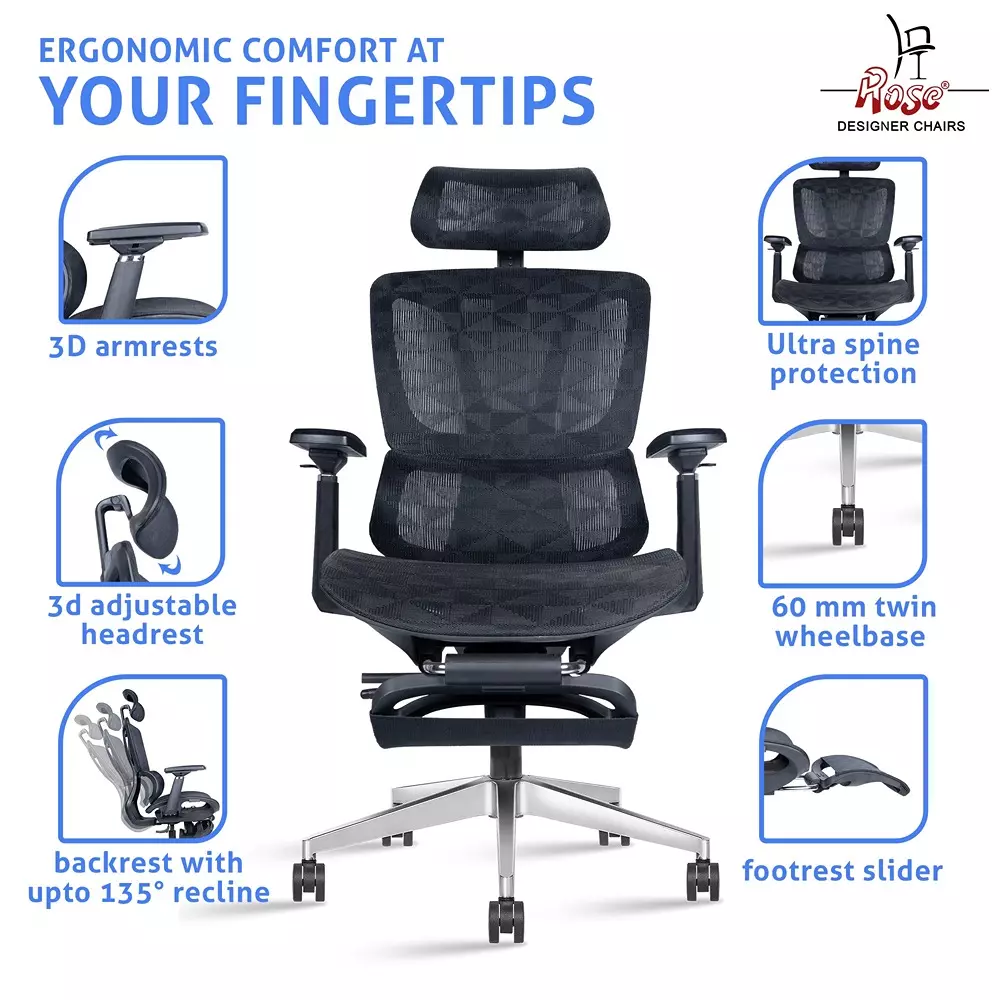 Rose  Ergonomic Office Chair With Footrest 120 Kg Weight Capacity Black