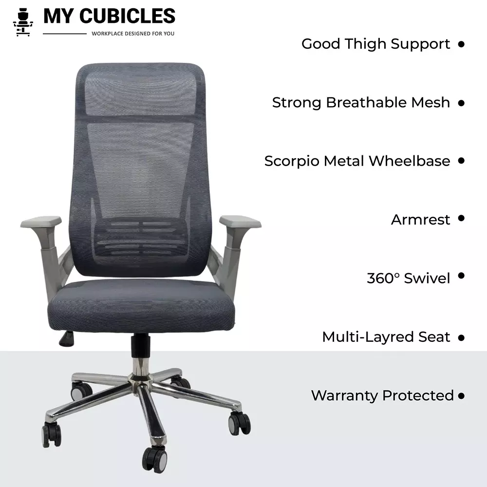 MY CUBICLES Zeta Ergonomic Office Chair High Back Polyurethane Foam Weight Capacity Upto 125 Kg Grey, MC0057