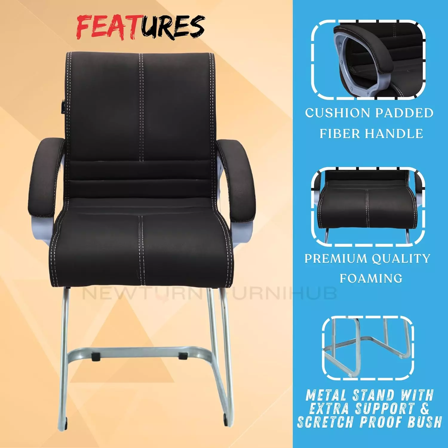 NEWTURN Thanos Revolving Mid Back Office Cushion Visitor Fixed Chair Arm Rest Synthetic Leather Black for Office, Home & School Use
