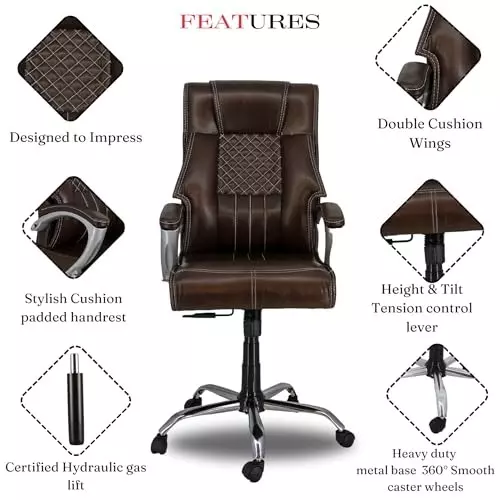 NEWTURN Desire Boss Revolving High Back Arm Rest Office Chair 360° Swivel Premium Leather Brown for Office, Home & School Use