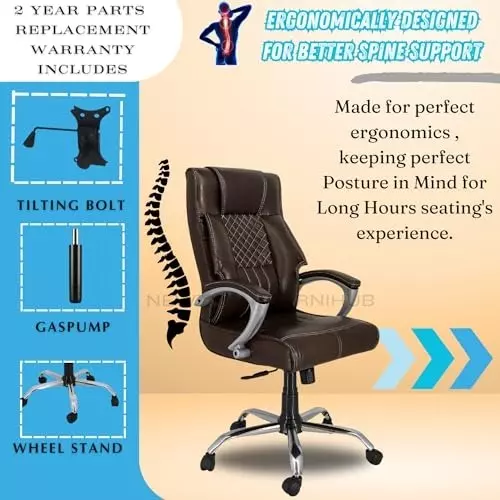 NEWTURN Desire Boss Revolving High Back Arm Rest Office Chair 360° Swivel Premium Leather Brown for Office, Home & School Use