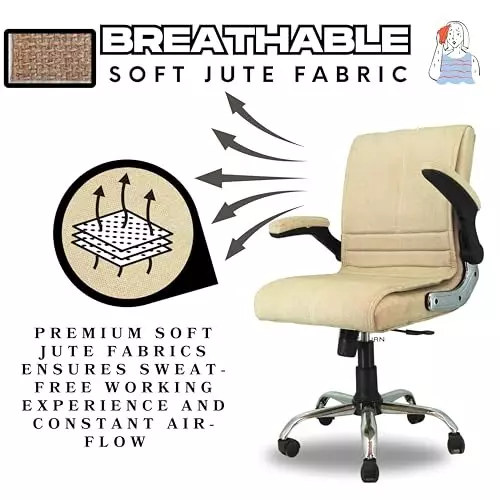 NEWTURN Maxson Revolving Office Chair Mid Back Standard Size Metal Material 5 Wheel Revolving Cream Jute Fabric