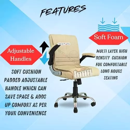 NEWTURN Maxson Revolving Office Chair Mid Back Standard Size Metal Material 5 Wheel Revolving Cream Jute Fabric