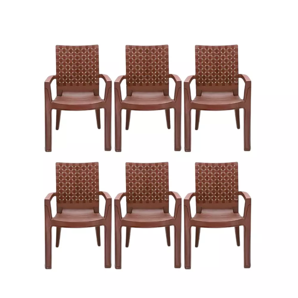 Maharaja Heavy Duty Plastic Chairs Up to 200 Kg Weight Capacity with Arm Rest, M Brown (Pack of 6 Pcs)