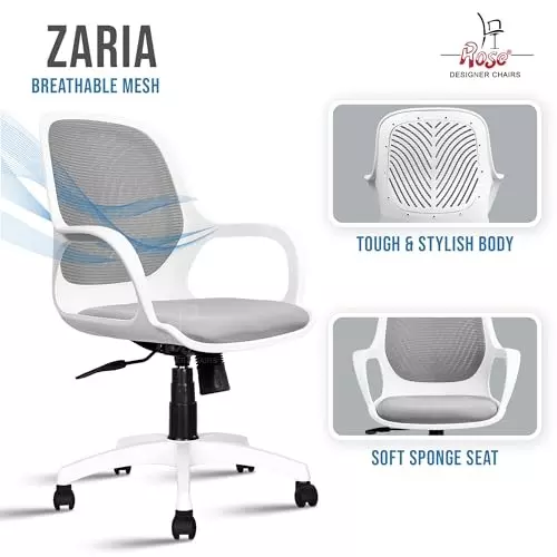 Rose Zaria Ergonomic Office Chair Mid Back White & Grey India