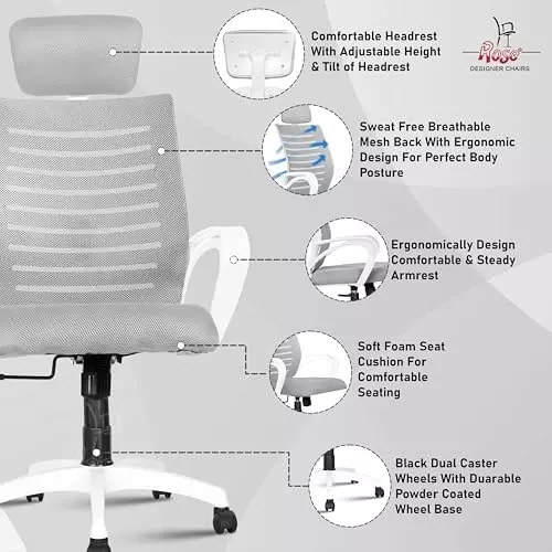 Rose Elite Ergonomic Office Chair High Back White & Grey India