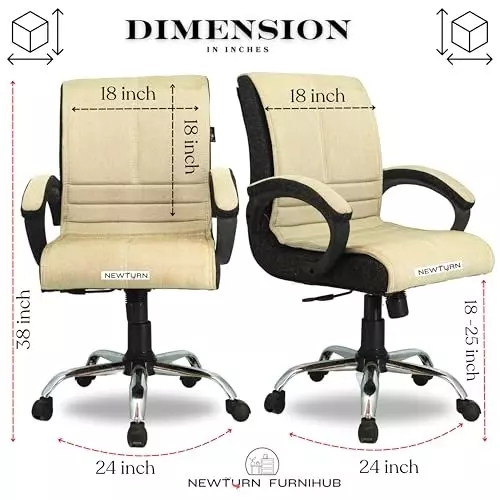 NEWTURN Maxson Revolving Mid Back Arm Rest Office Chair Soft Jute Sweat-Free Fabric Cream-Black Chrome Finish for Office, Home & School Use