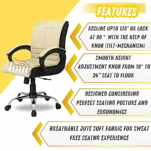 NEWTURN Maxson Revolving Mid Back Arm Rest Office Chair Soft Jute Sweat-Free Fabric Cream-Black Chrome Finish for Office, Home & School Use