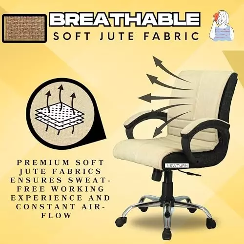 NEWTURN Maxson Revolving Mid Back Arm Rest Office Chair Soft Jute Sweat-Free Fabric Cream-Black Chrome Finish for Office, Home & School Use