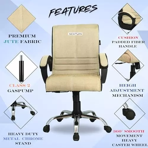 NEWTURN Maxson Revolving Mid Back Arm Rest Office Chair Soft Jute Sweat-Free Fabric Cream-Black Chrome Finish for Office, Home & School Use