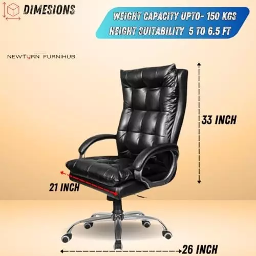 NEWTURN Boxer Boss Revolving High Back Arm Rest Office Chair Premium Leather Black Metal Chrome Finish for Office, Home & School Use