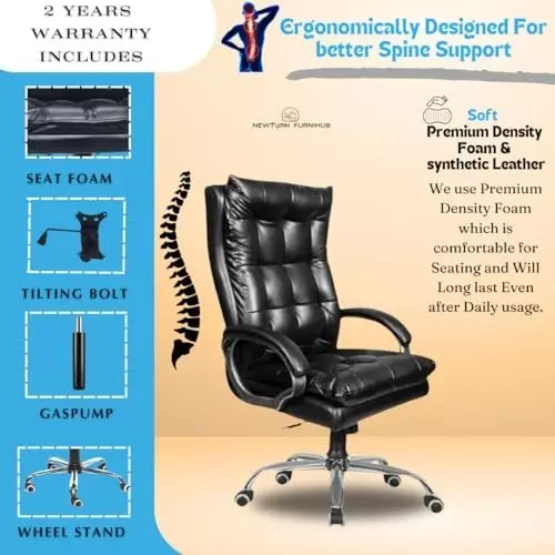 NEWTURN Boxer Boss Revolving High Back Arm Rest Office Chair Premium Leather Black Metal Chrome Finish for Office, Home & School Use