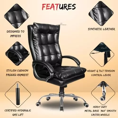 NEWTURN Boxer Boss Revolving High Back Arm Rest Office Chair Premium Leather Black Metal Chrome Finish for Office, Home & School Use