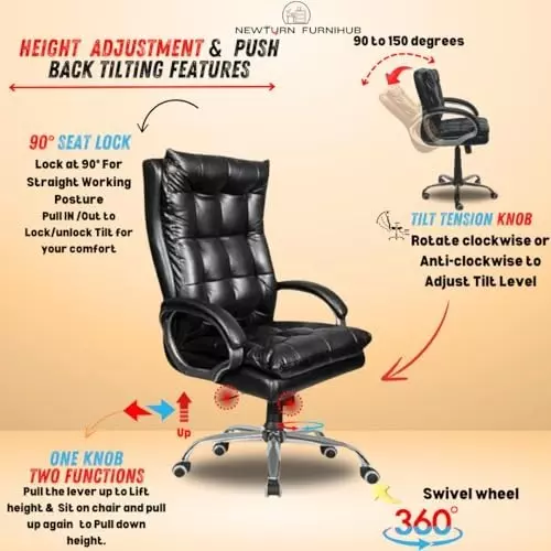 NEWTURN Boxer Boss Revolving High Back Arm Rest Office Chair Premium Leather Black Metal Chrome Finish for Office, Home & School Use