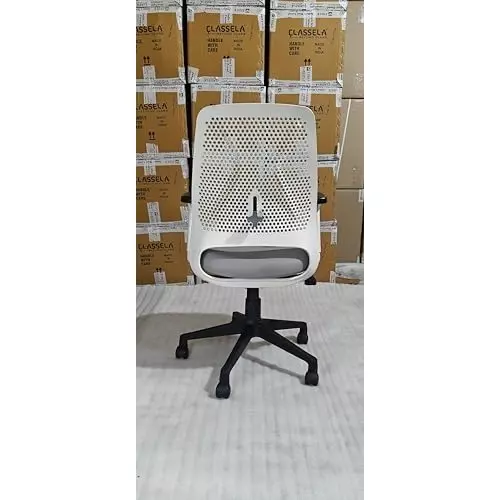 NEWTURN Cosmos Revolving ‎Ultra Mid back Arm Rest Office Chair Fabric Mesh & Plastic White-Grey Chrome Finish for Office, Home & School Use