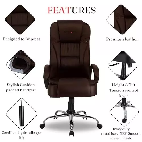 NEWTURN Dragon Revolving High Back Arm Rest Office Chair Premium Leatherette Brown Chrome Finish for Office, Home & School Use