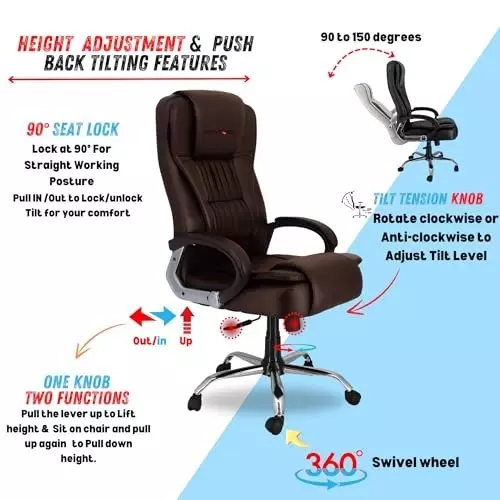 NEWTURN Dragon Revolving High Back Arm Rest Office Chair Premium Leatherette Brown Chrome Finish for Office, Home & School Use