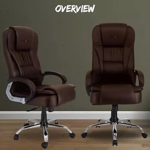 NEWTURN Dragon Revolving High Back Arm Rest Office Chair Premium Leatherette Brown Chrome Finish for Office, Home & School Use