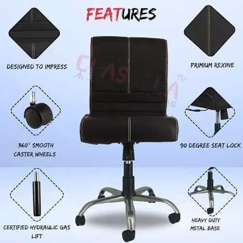NEWTURN Maxson Revolving TILT Pushback Mid Back Armless Office Chair Premium Leather Black Rexine for Office, Home & School Use