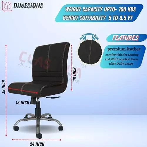 NEWTURN Maxson Revolving TILT Pushback Mid Back Armless Office Chair Premium Leather Black Rexine for Office, Home & School Use