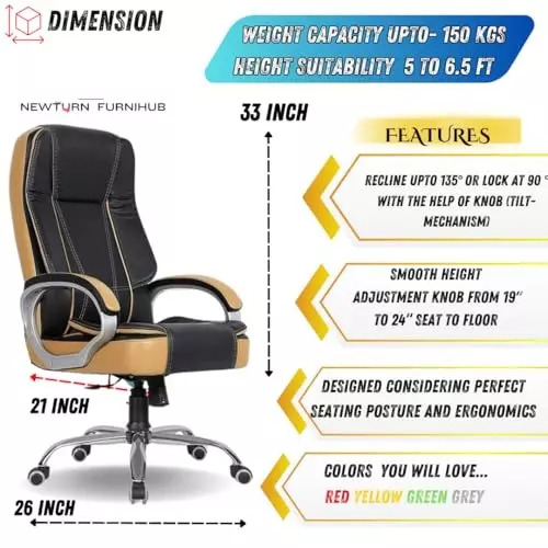 NEWTURN Creta Boss Office Chair High Back Standard Size Metal Material 5 Wheel Revolving Black & Yellow