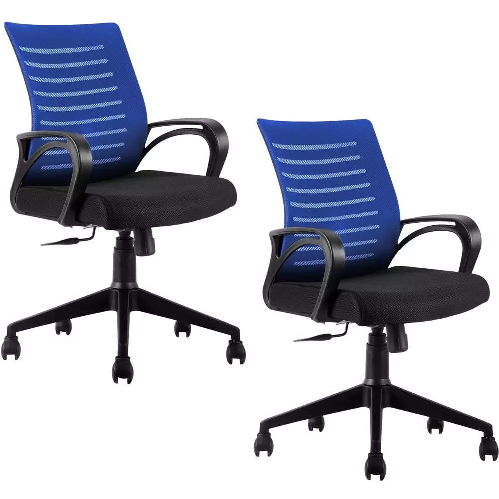 VISION SEATING Medium Back Office Chairs Fabric Black, Blue boom back blue chrome base (Pack of 2)