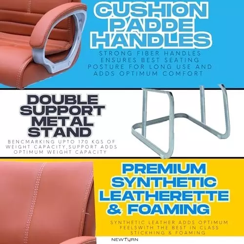 NEWTURN Thanos Revolving Mid Back Office Cushion Visitor Fixed Chair Arm Rest Synthetic Leather Tan Rexine for Office, Home & School Use