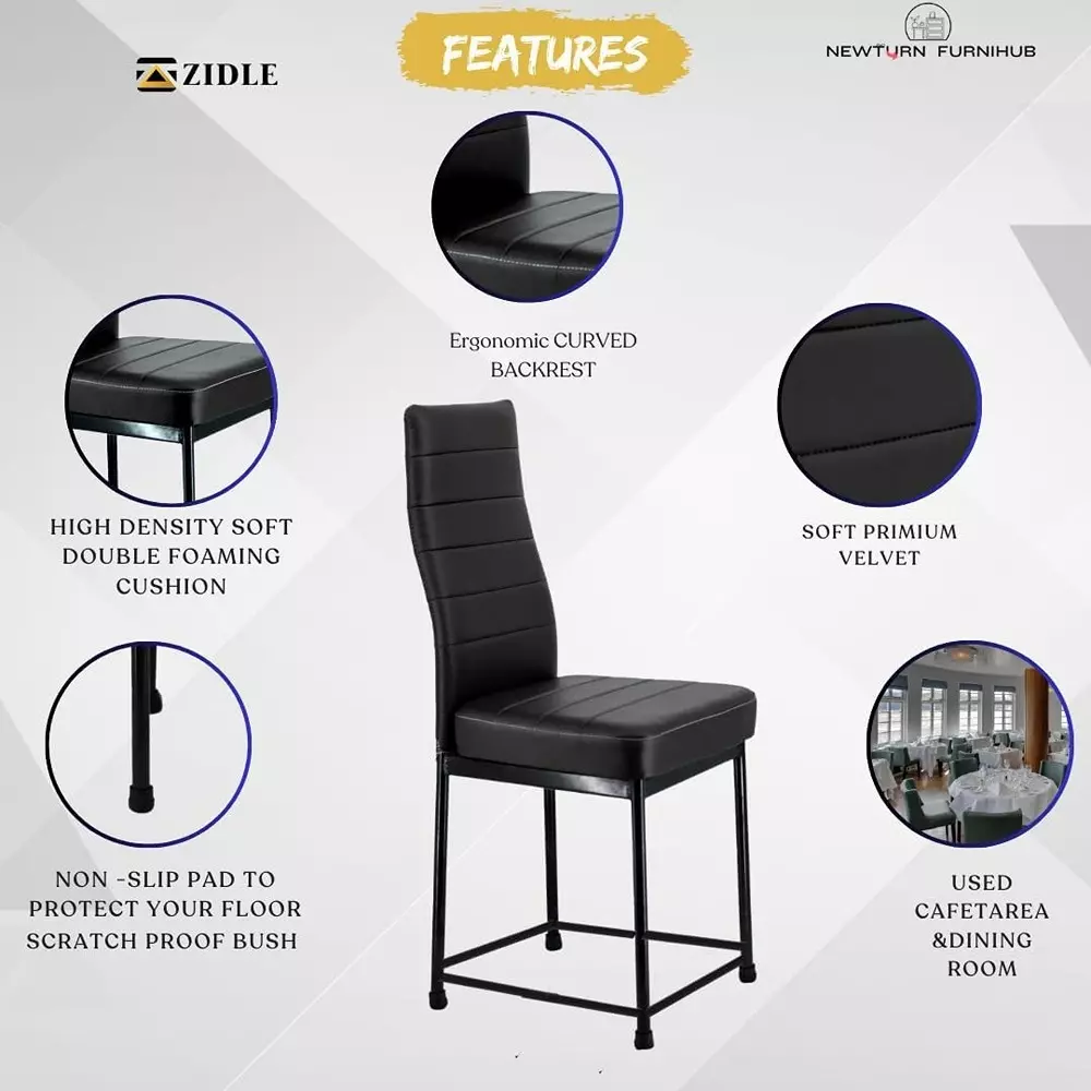 Zidle Bloom Dining Chair Set Faux Leatherette Solid Back Black for Living Room, Dining, Restaurant, Study, Balcony, Kitchen (Pack of 4)