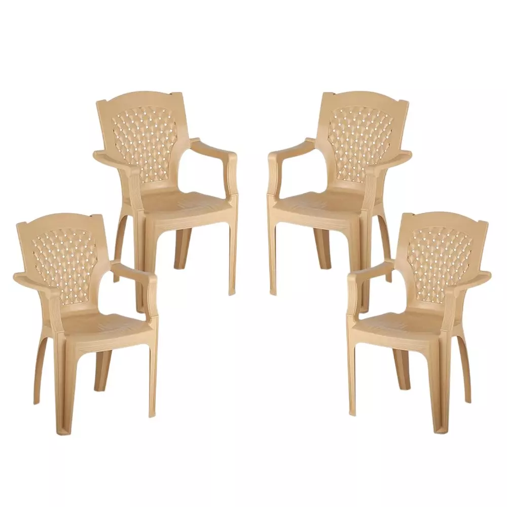 Maharaja Heritage Premium Plastic Chairs Upto 200 Kg Weight Capacity with Arm Rest, Beige (Pack of 4 Pcs)