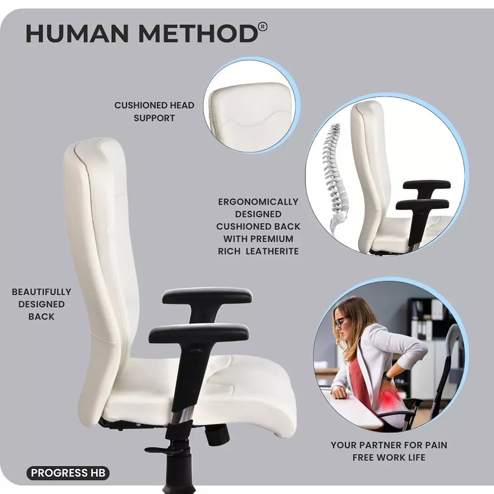 HUMAN METHOD PROGRESS Series Office Chair Premium Leatherette Cushioned Ergonomic High Back with Built-in Lumbar Support White, HMPA01-SP10